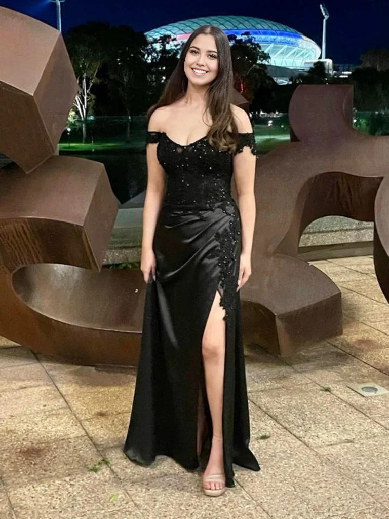 Mermaid Off The Shoulder Lace Long Prom Dresses with Leg Slit