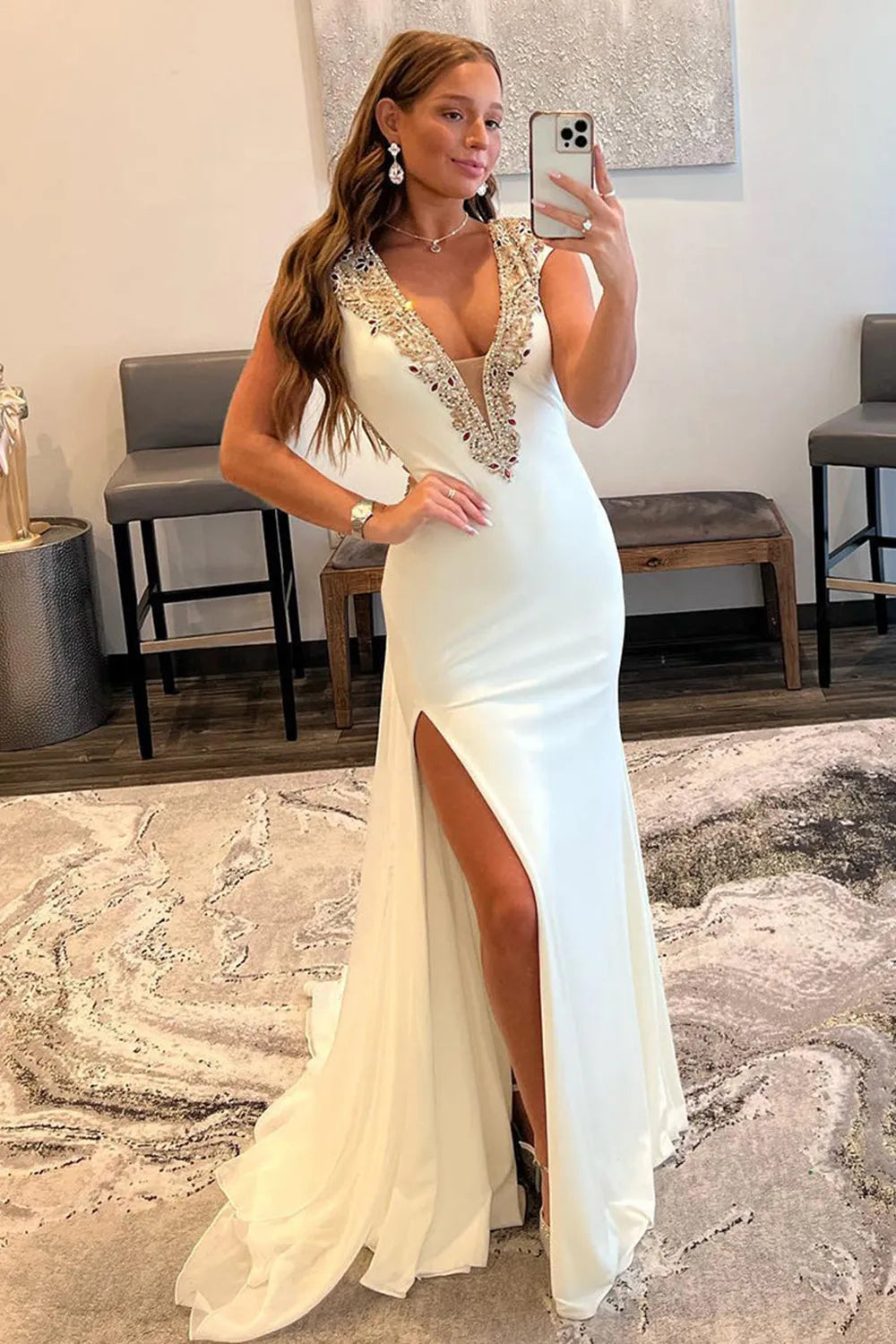 A-line Deep V-Neck Backless Prom Dress with Beading
