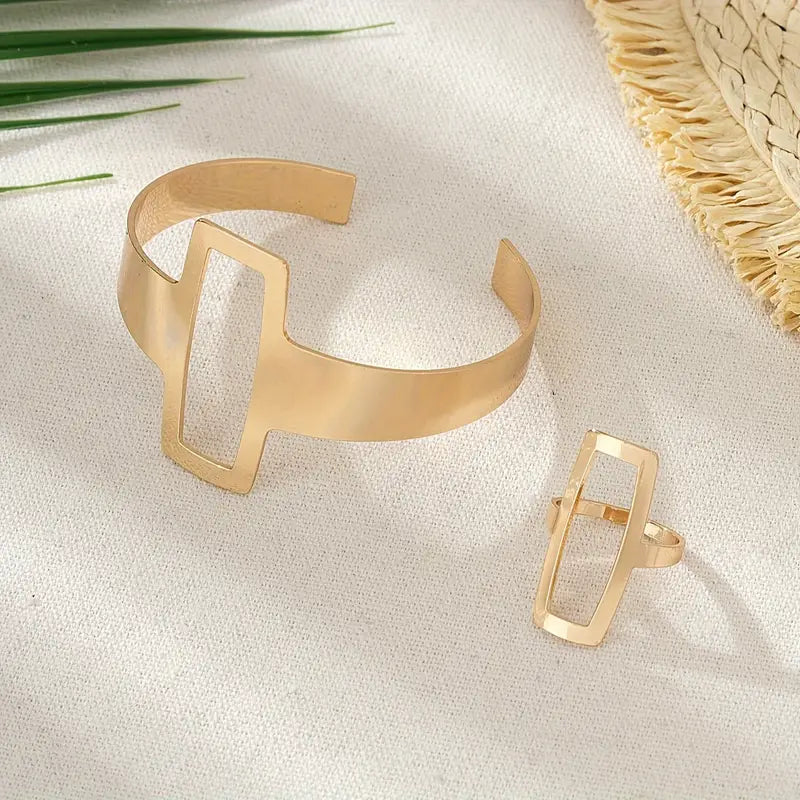 Geometric Square Jewelry Set - Delicate Hollowed Out Ring & Stackable Bracelet - Timeless Mothers Day Gift for Her - Adjustable & Minimalist Design