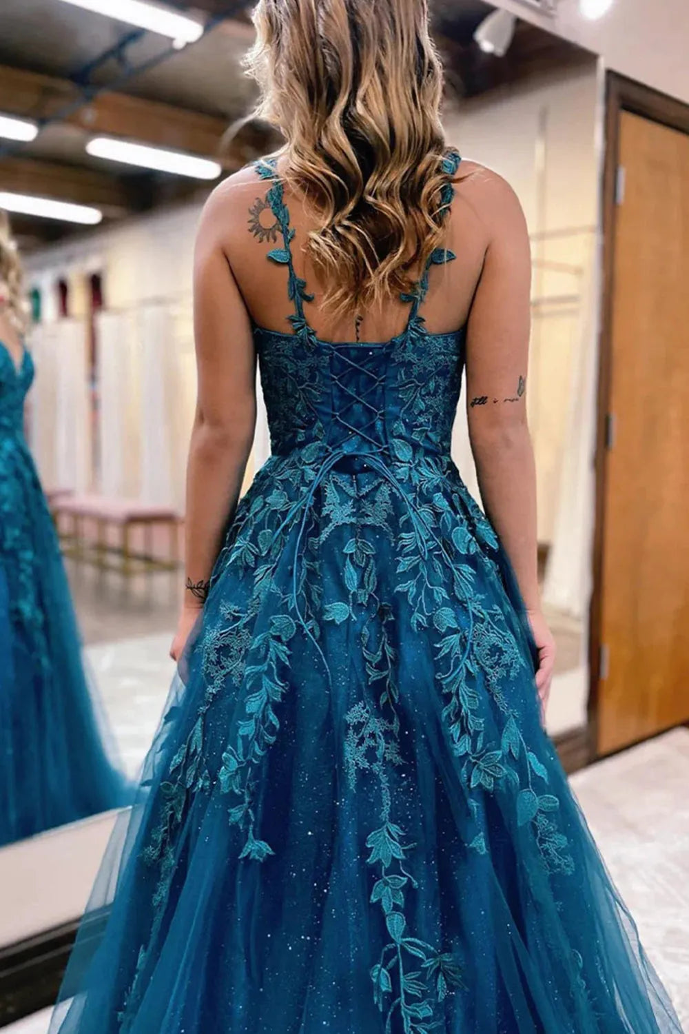 A-Line Glitter Lace Long Prom Dress