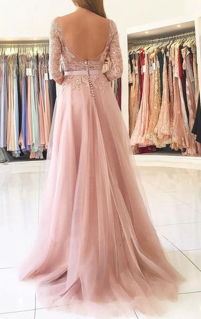 Lace Tulle 3/4 Sleeves Long Prom Dress