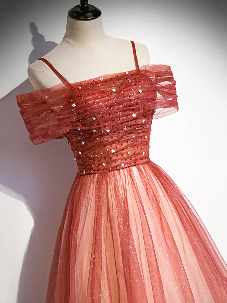 A Line Off Shoulder Tulle Beaded Long Prom Dress