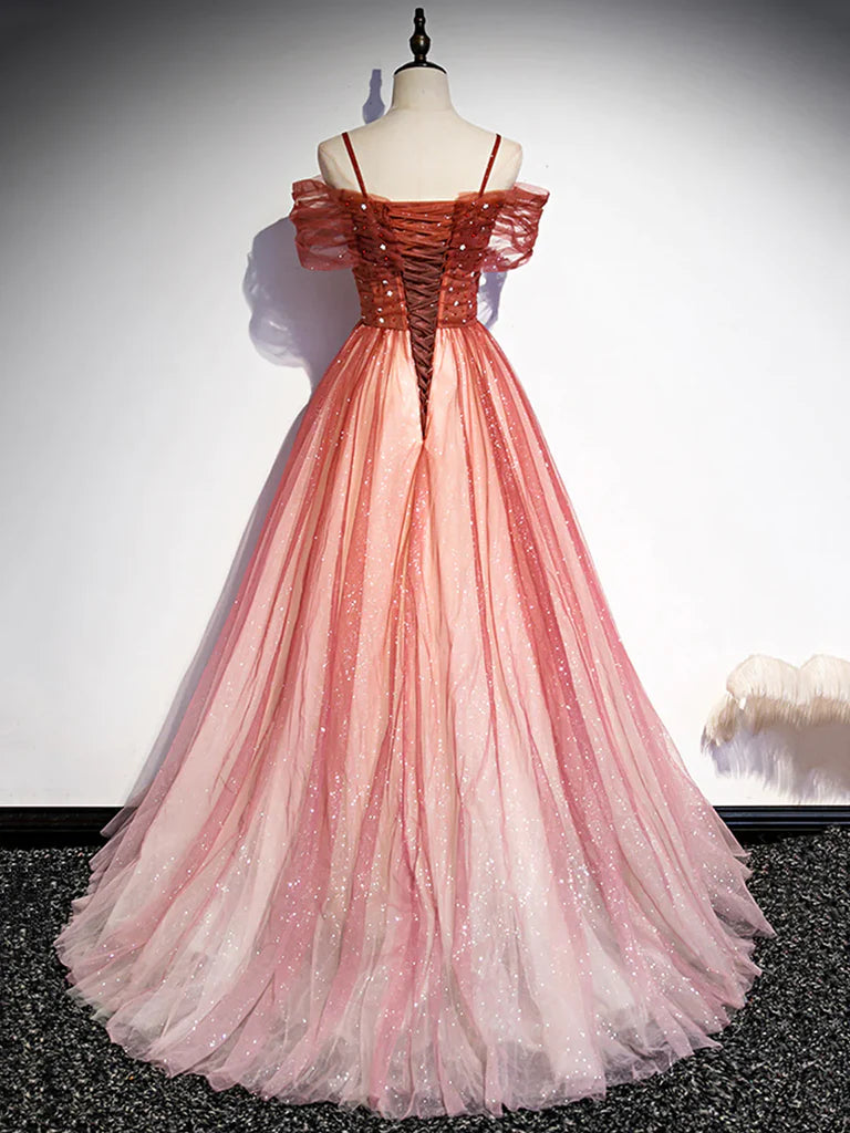 A Line Off Shoulder Tulle Beaded Long Prom Dress
