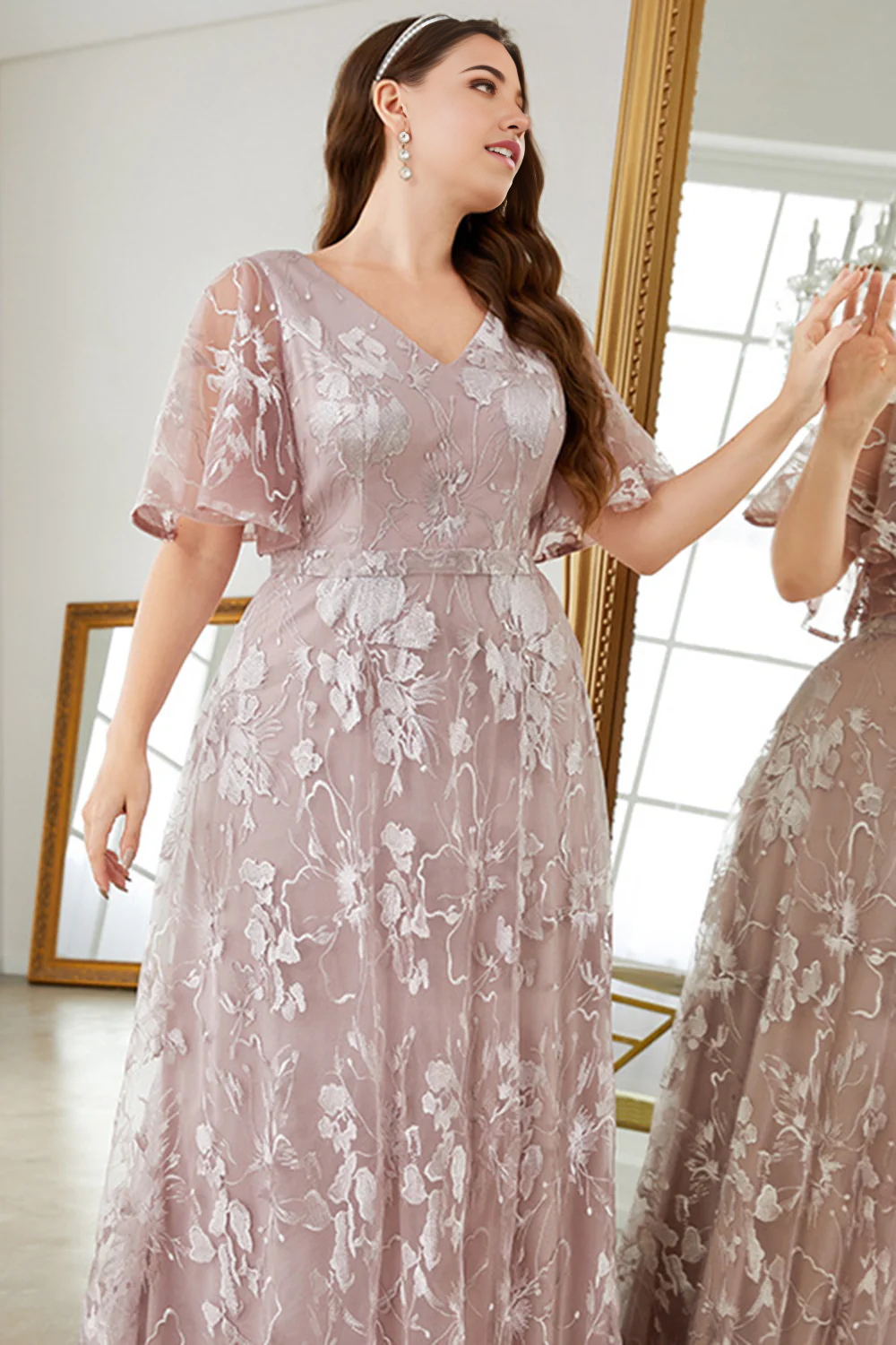 Plus Size A-Line V-Neck Embroidered Prom Dress