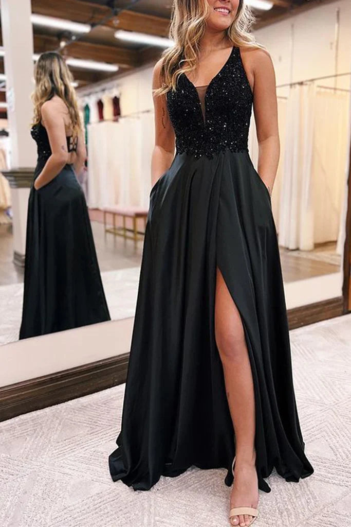 V Neck Sequins Long Prom Dress with Slit