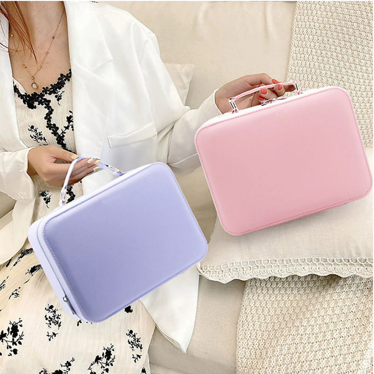 Double Layer Travel Makeup Bag Portable Cosmetic Bag with Divider Organizer Case for Storage Cosmetics Make up Brush Large Capacity Toiletry Bag for Women and Girls