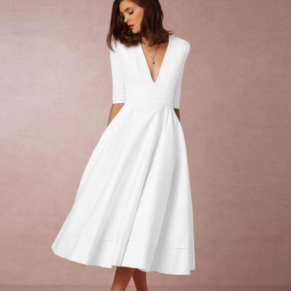 A-Line Special Occasion Dresses Party Dress Holiday Wedding Guest Tea Length Half Sleeve V Neck Pocket Jersey with Pleats  White & Ivory ship in 48 hours