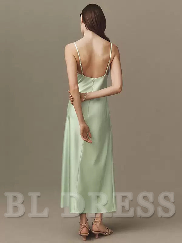 Sheath Spaghetti Straps Tea-Length Satin formal dresses Bridesmaid Dresses evening gown Prom Dress
