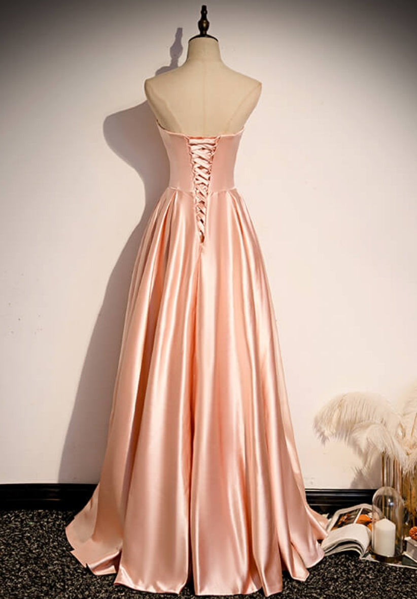 A-line Strapless Satin Long Party Dress Formal Prom Dresses