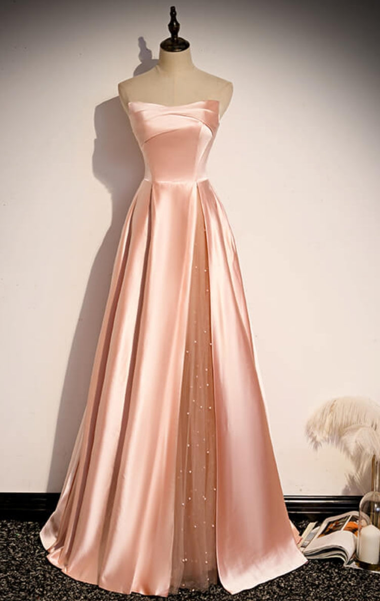 A-line Strapless Satin Long Party Dress Formal Prom Dresses