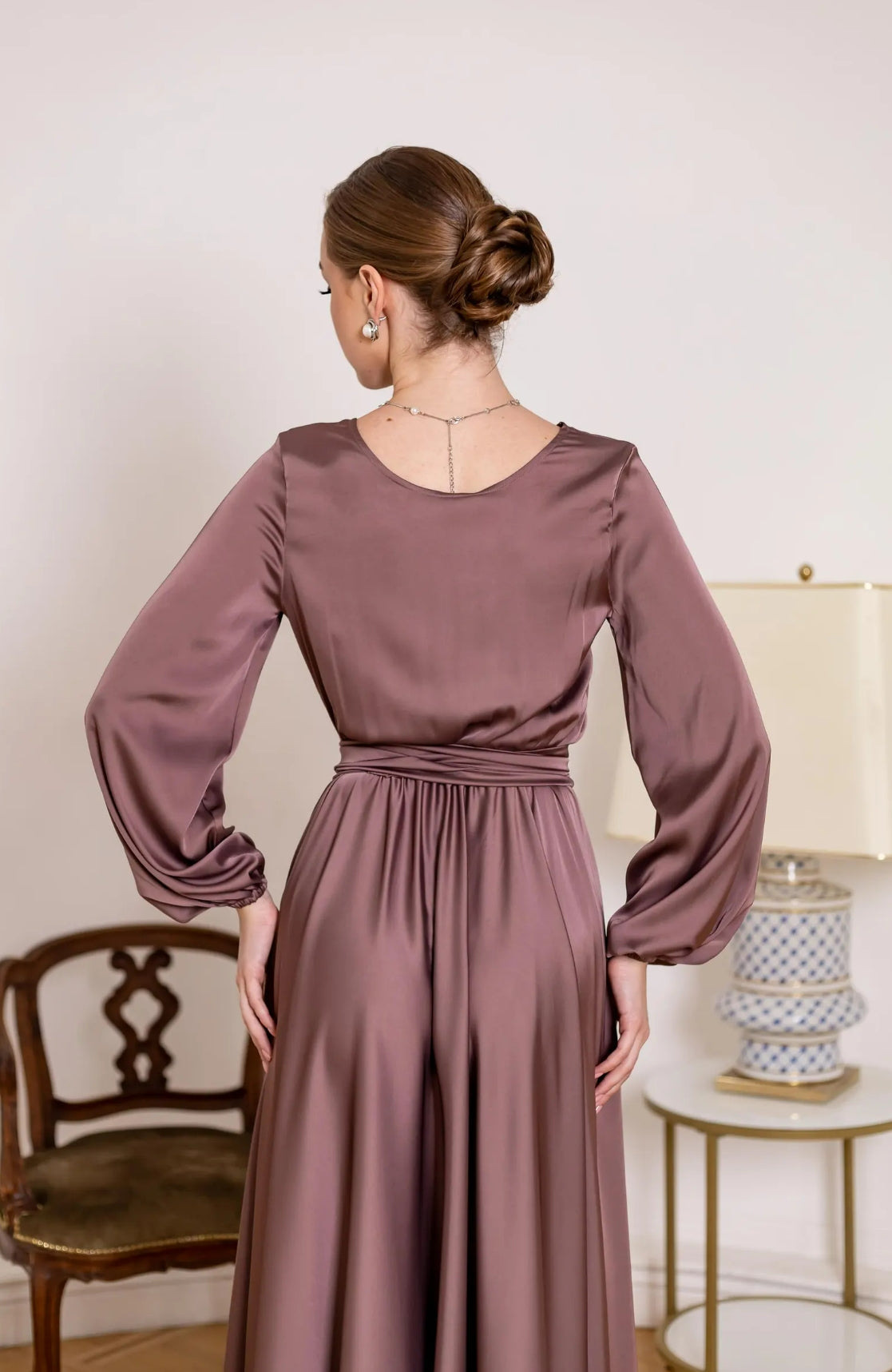 A-line Crew Neck Long Sleeve Tea Length Cocktail Dress Pink Bridesmaid Dress Formal Dresses for Wedding Guest Mother of the Bride Dresses