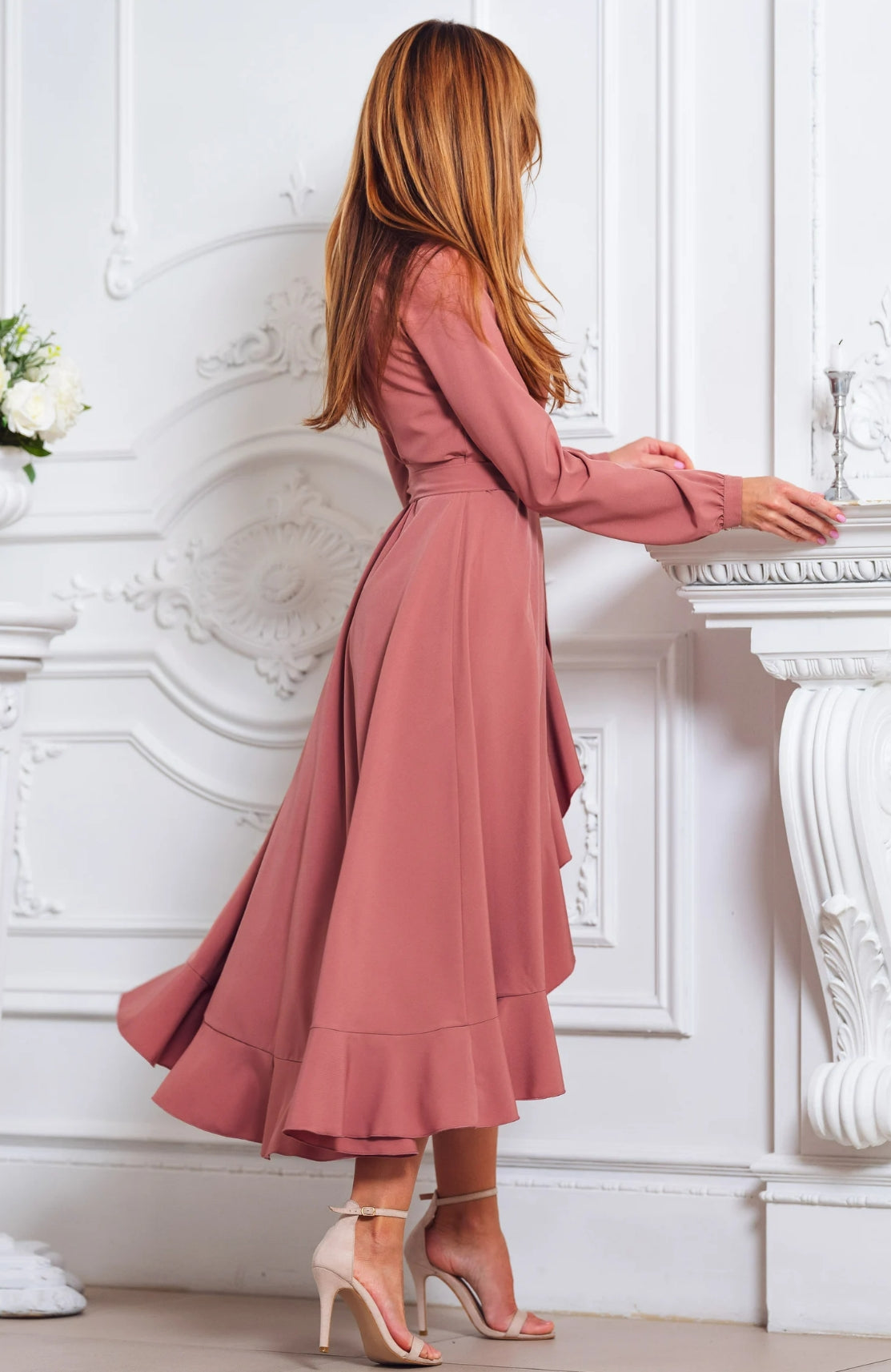 A-line V-Neck Long Sleeve Tea Length Cocktail Dress Bridesmaid Dress Formal Dresses for Wedding Guest Mother of the Bride Dresses