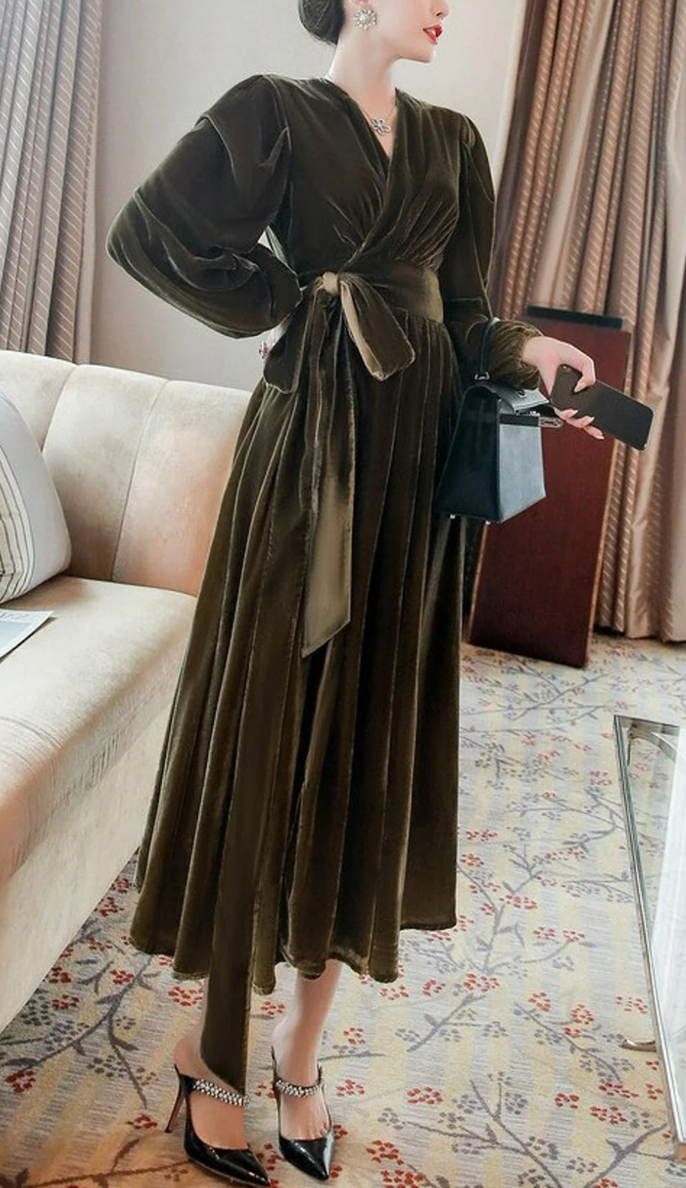 A-line Velvet Long Sleeve Bridesmaid Dress Formal Dresses for Wedding Guest Cocktail Dress Mother of the Bride Dresses