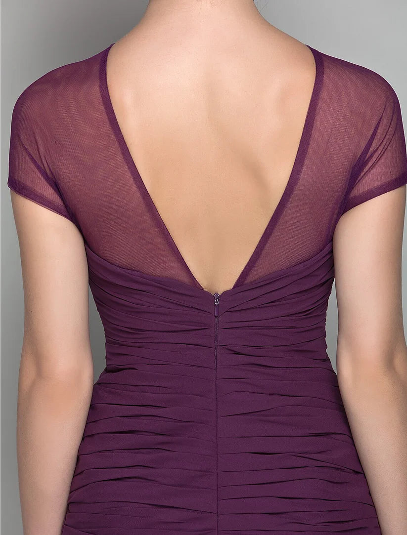 Sheath / Column Mother of the Bride Dress See Through Jewel Neck Sweep / Brush Train Chiffon Tulle Short Sleeve with Beading Side Draping