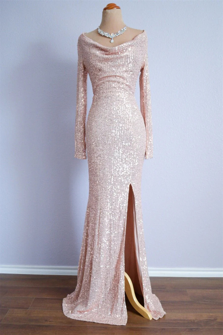 Mermaid Cowl Neck Sequins Long Prom Dresses Formal Dress