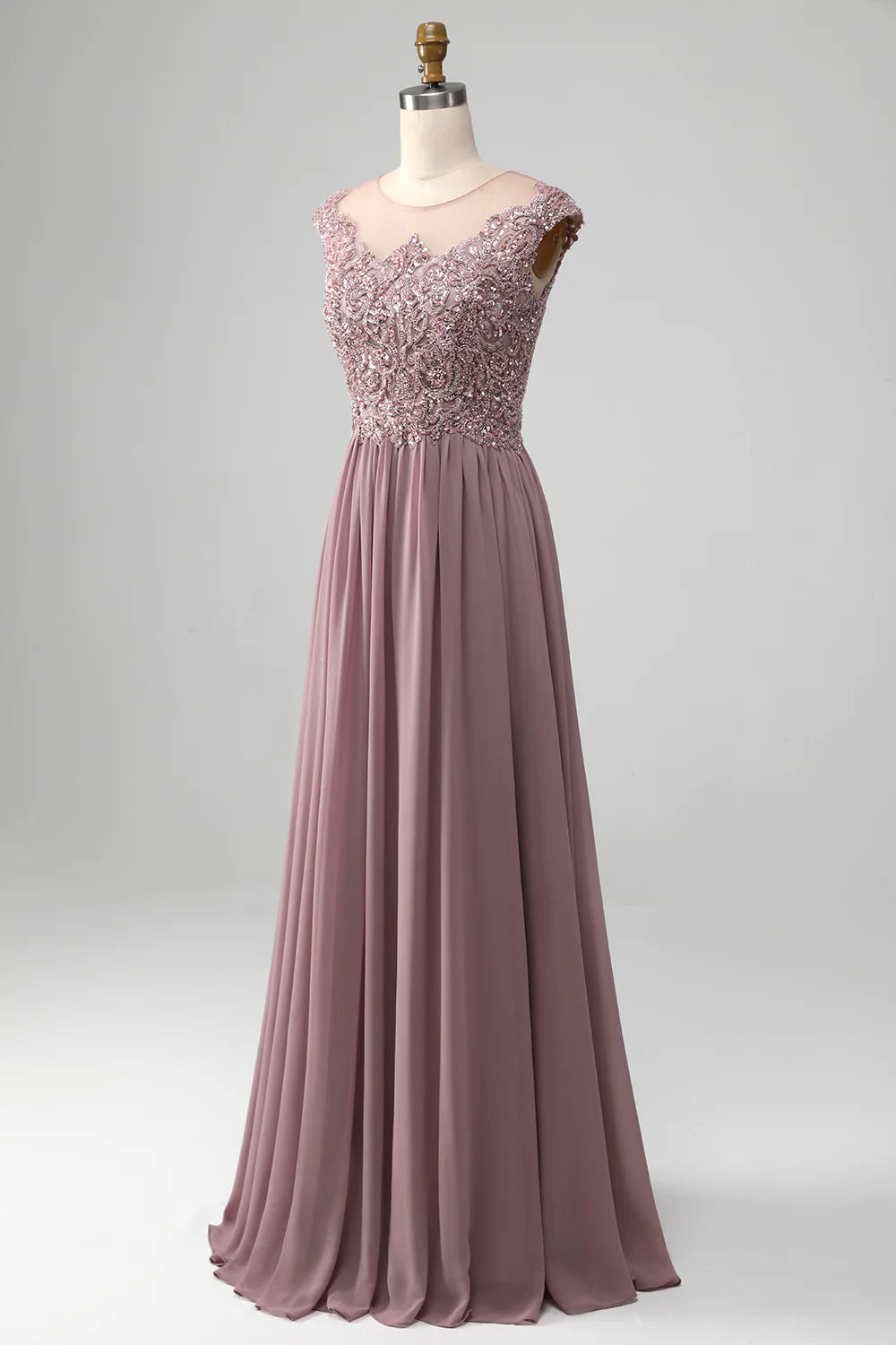 A-line Beaded Chiffon Round Neck Maxi Mother of the Bride Dress