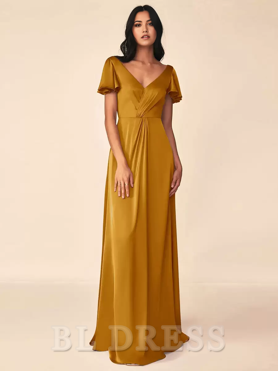 A-line V-Neck Floor-Length Zipper Satin Formal Gowns formal dresses Bridesmaid Dresses evening gown Prom Dress