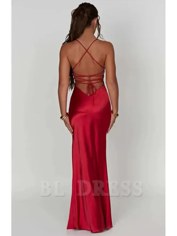 Elegant Spaghetti Strap Backless Lace-Up Split Satin formal dresses Bridesmaid Dresses evening gown Prom Dress