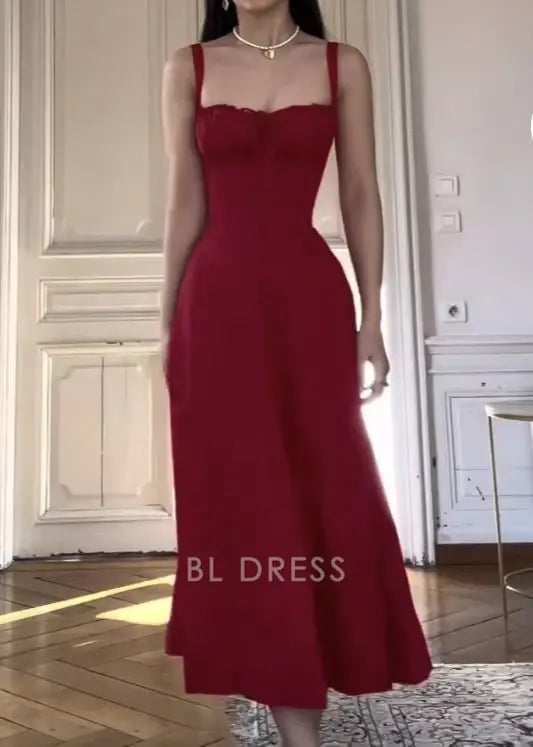 A Line Square Neck Red formal dresses Bridesmaid Dresses evening gown Prom Dress