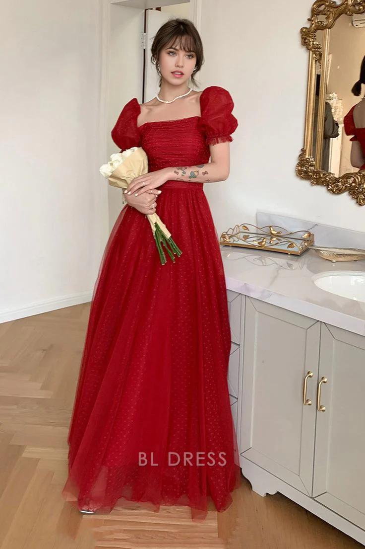 A Line Sweetheart Pretty Red Tulle formal dresses Bridesmaid Dresses evening gown Prom Dress