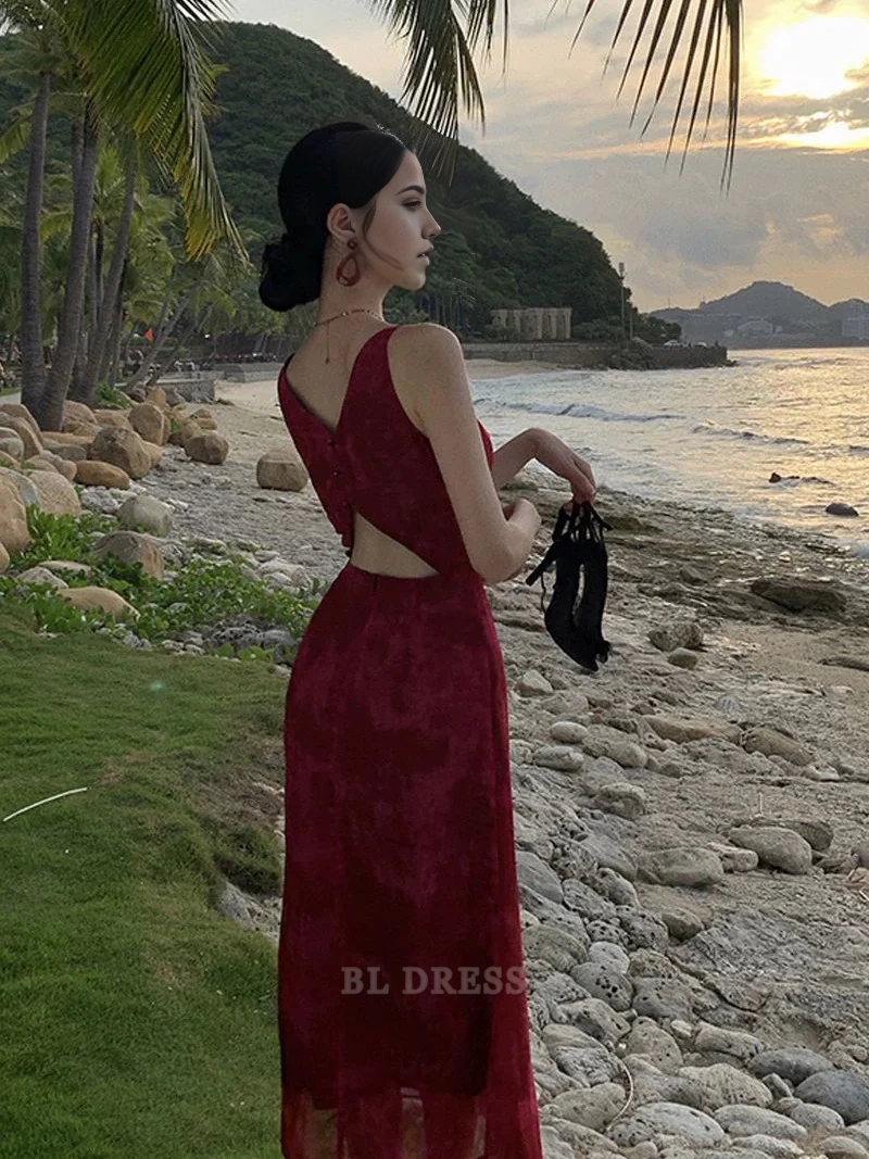 Sheath Spaghetti Straps Burgundy formal dresses Bridesmaid Dresses evening gown Prom Dress