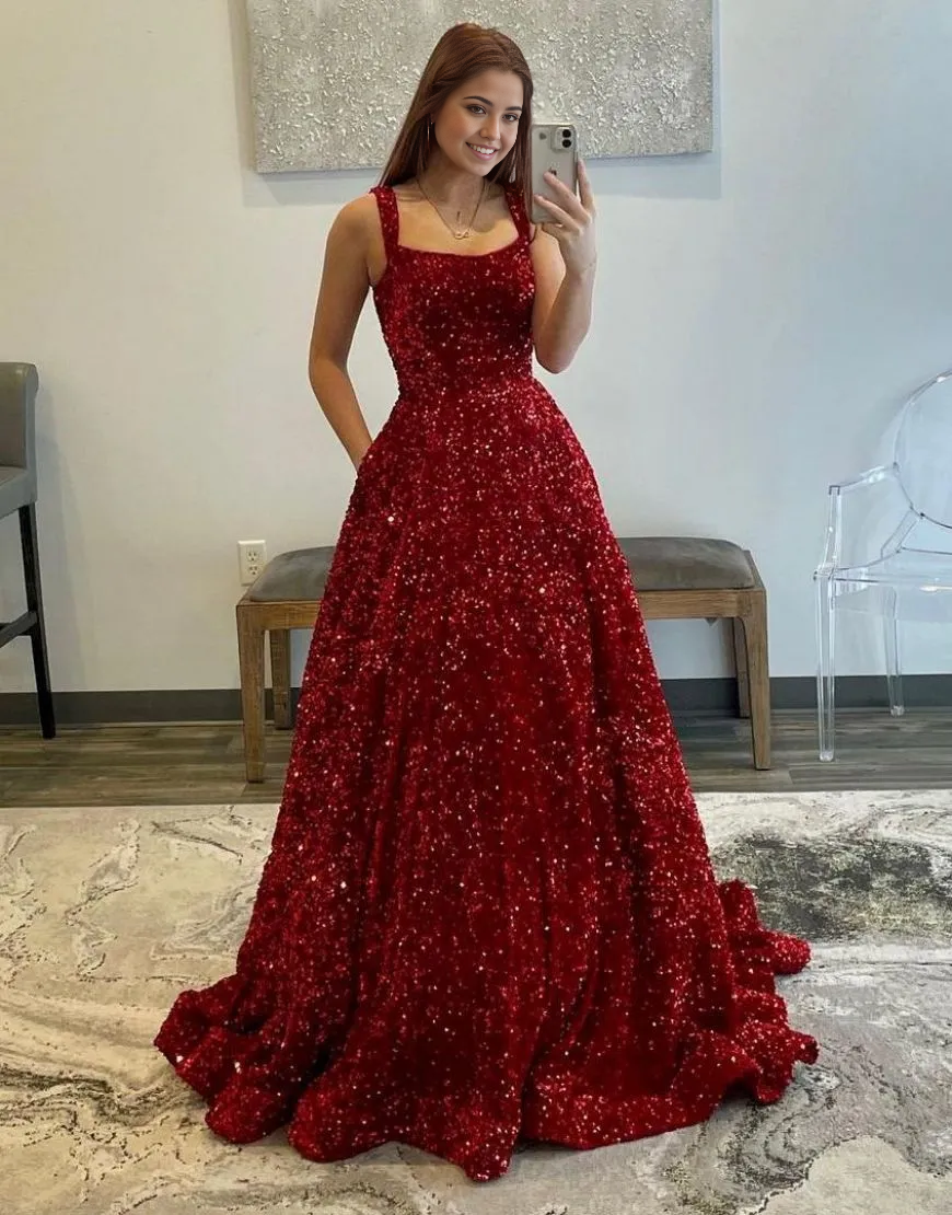 A-Line Shoulder Straps Long Sequin formal dresses evening gown Prom Dress