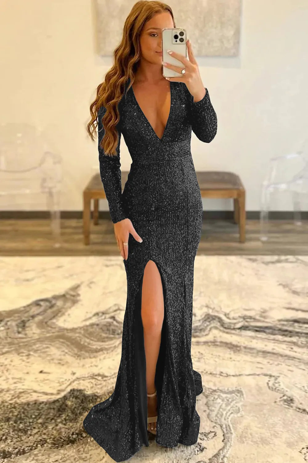 Sheath Deep V Neck Sequins Long Prom Dress with Split Front