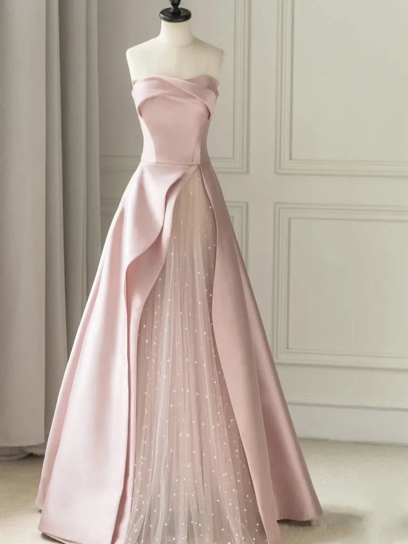 A-Line Floor-Length Slit with Tulle Strapless Prom Dress
