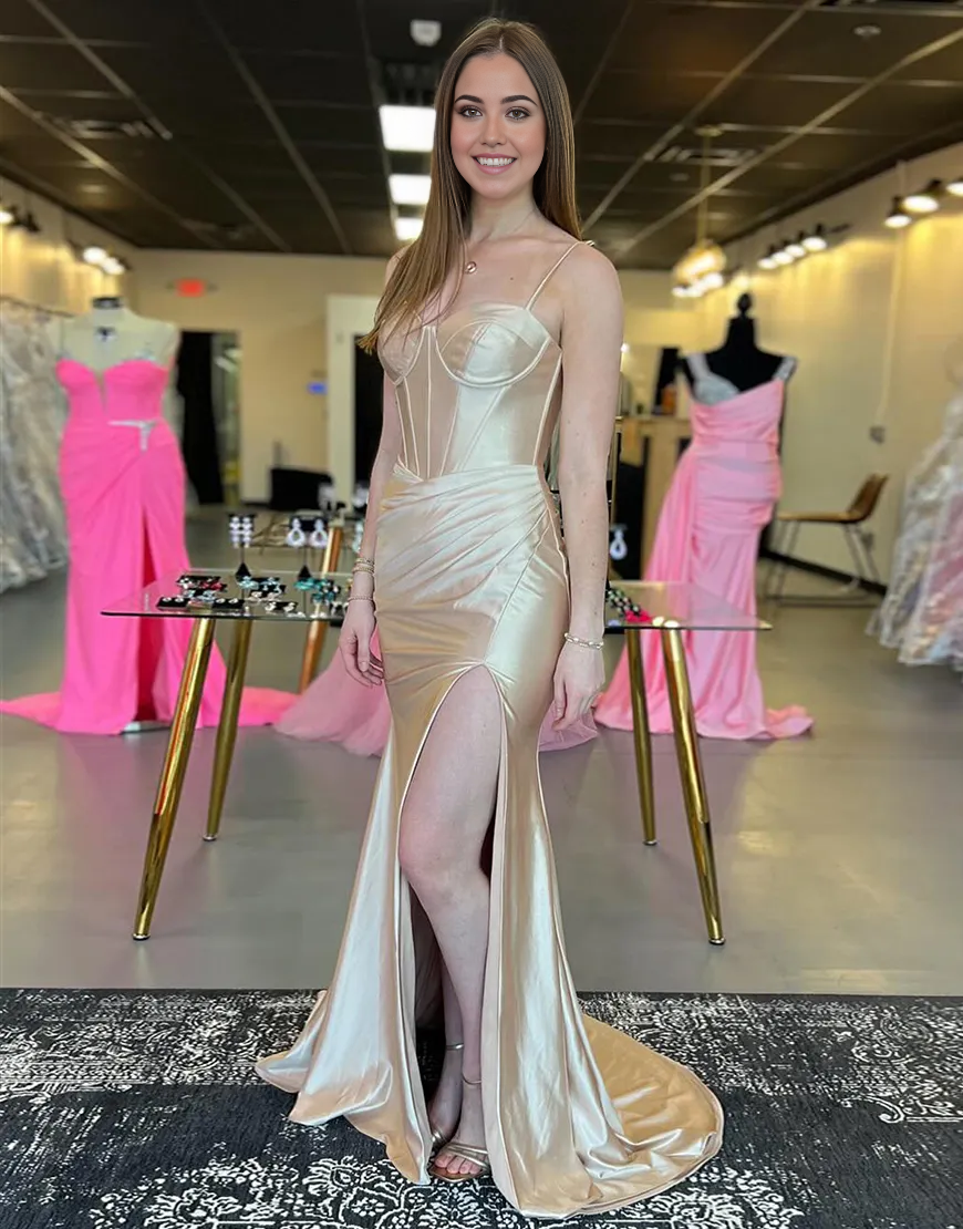 Mermaid Spaghetti Straps Corset Ruched Satin Champagne Long formal dresses Bridesmaid Dresses evening gown Prom Dress with Slit