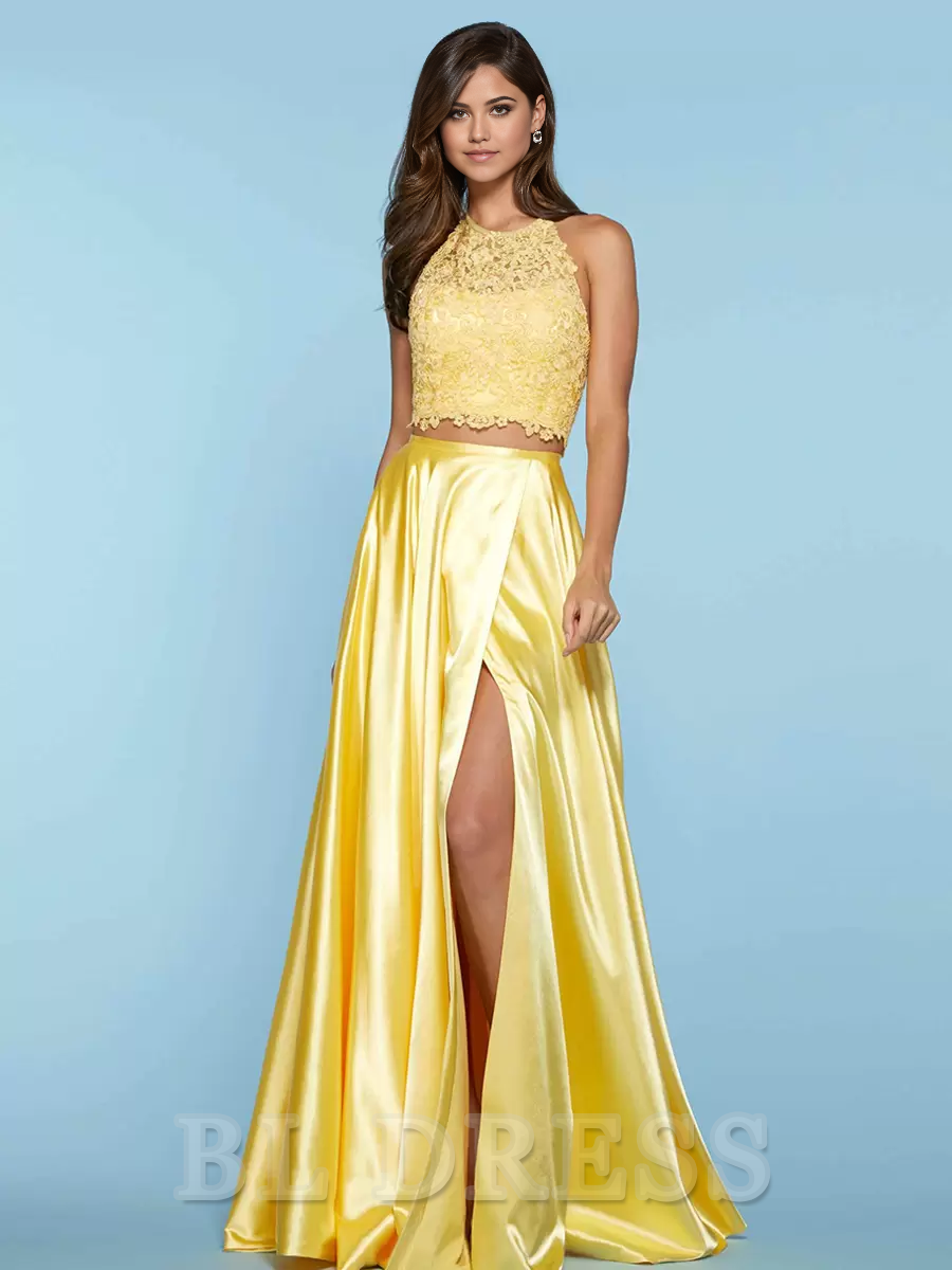 Two-piece Halter Sleeveless Lace formal dresses Bridesmaid Dresses evening gown Prom Dress