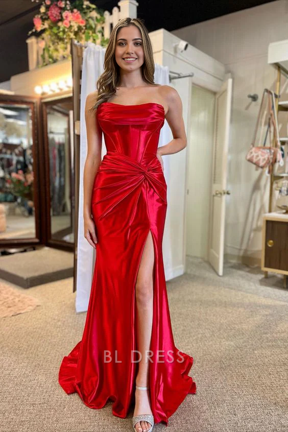 Mermaid Strapless Ruched Red Long formal dresses Bridesmaid Dresses evening gown Prom Dress with Slit