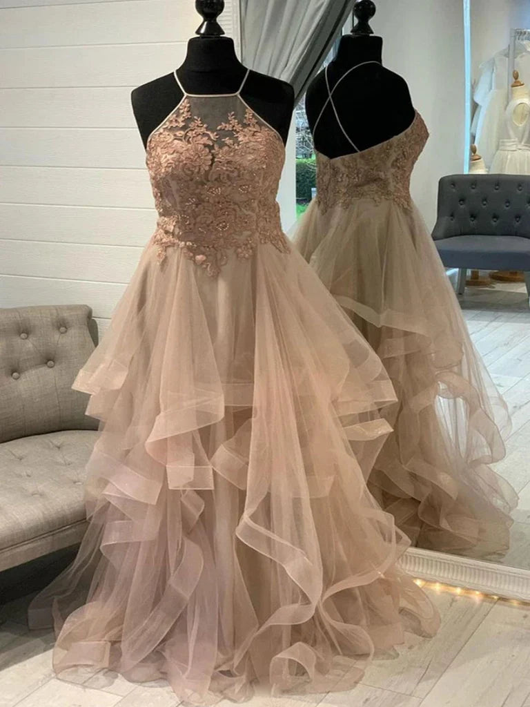 Halter Neck Tulle Lace Long Prom Dresses