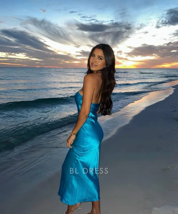 Sheath Simple Strapless Blue formal dresses Bridesmaid Dresses evening gown Prom Dress