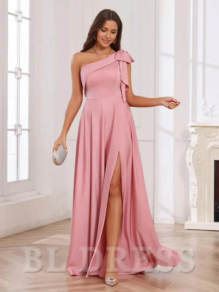 A-line One Shoulder Bow Satin formal dresses evening gown Prom Dress