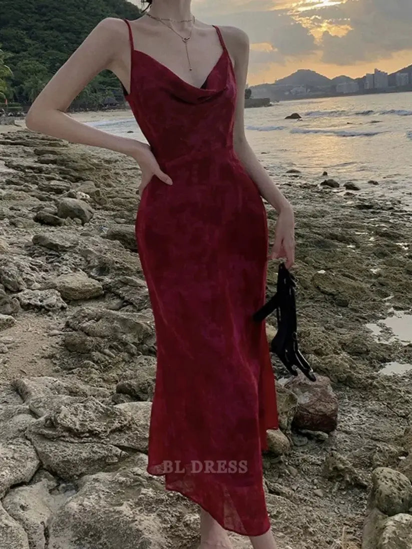 Sheath Spaghetti Straps Burgundy formal dresses Bridesmaid Dresses evening gown Prom Dress