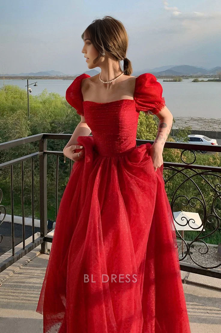 A Line Sweetheart Pretty Red Tulle formal dresses Bridesmaid Dresses evening gown Prom Dress