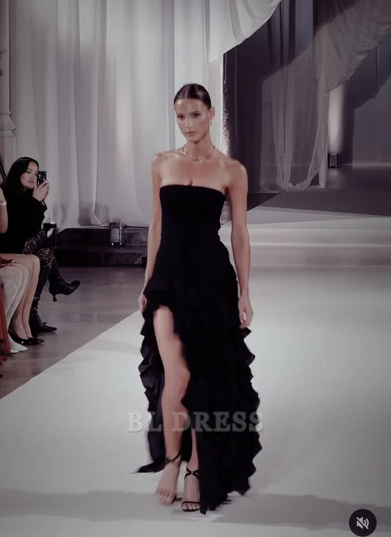 Sheath Strapless Chiffon Floor Length High Low Black formal dresses Bridesmaid Dresses evening gown Prom Dress