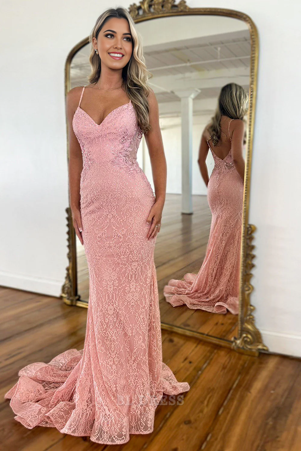 Mermaid Spaghetti Straps Backless Pink Long Lace formal dresses Bridesmaid Dresses evening gown Prom Dress