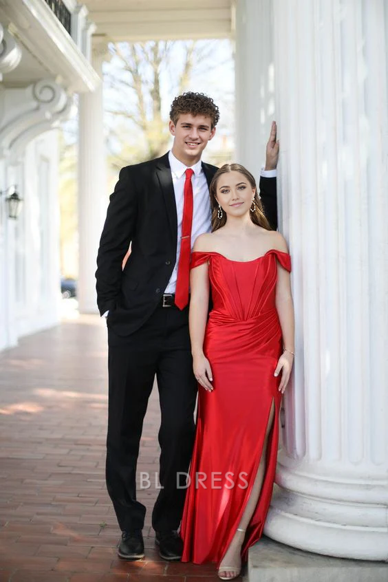 Mermaid Off The Shoulder Red formal dresses Bridesmaid Dresses evening gown Prom Dress With Split
