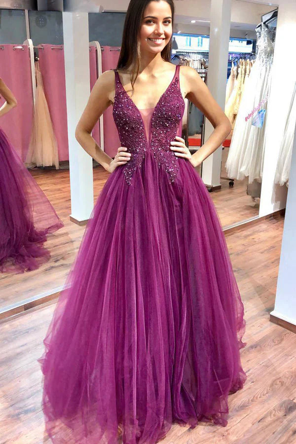 Sparkly V-neck Tulle Lace Long Prom Dresses with Beaded