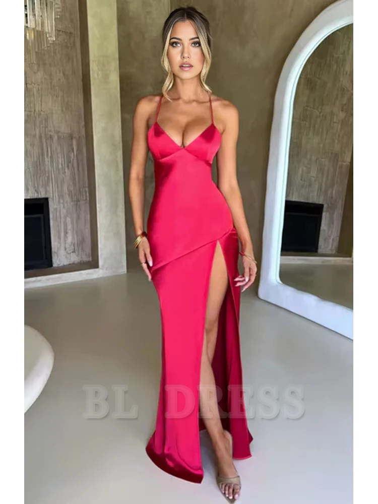 Elegant Spaghetti Strap Backless Lace-Up Split Satin formal dresses Bridesmaid Dresses evening gown Prom Dress
