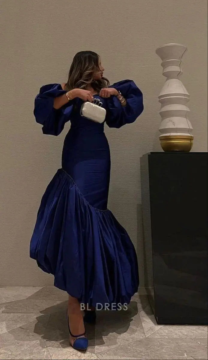 Mermaid Puff Sleeves Blue Pleated formal dresses Bridesmaid Dresses evening gown Prom Dress