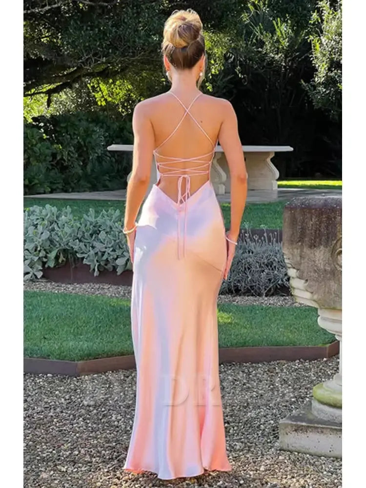 Elegant Spaghetti Strap Backless Lace-Up Split Satin formal dresses Bridesmaid Dresses evening gown Prom Dress