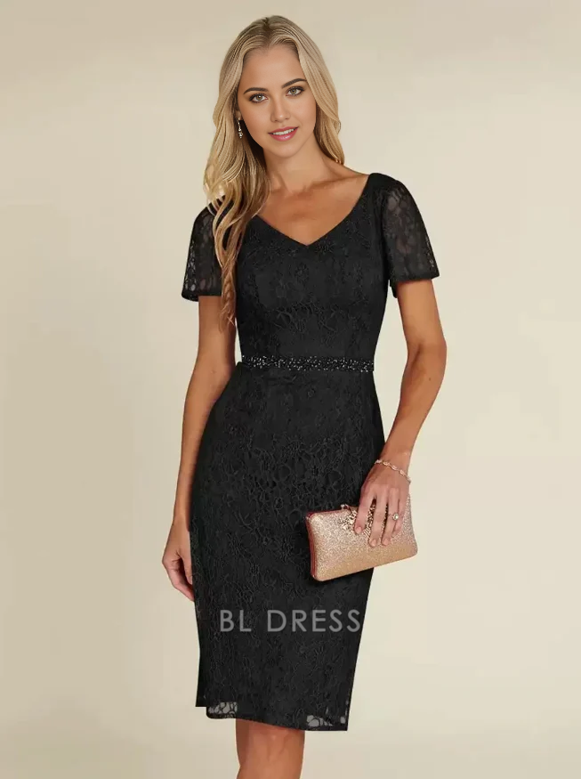 Sheath V-Neck Short Sleeves Short Lace Knee-Length Wedding Guest Dresses Mother of the Bride Dresse