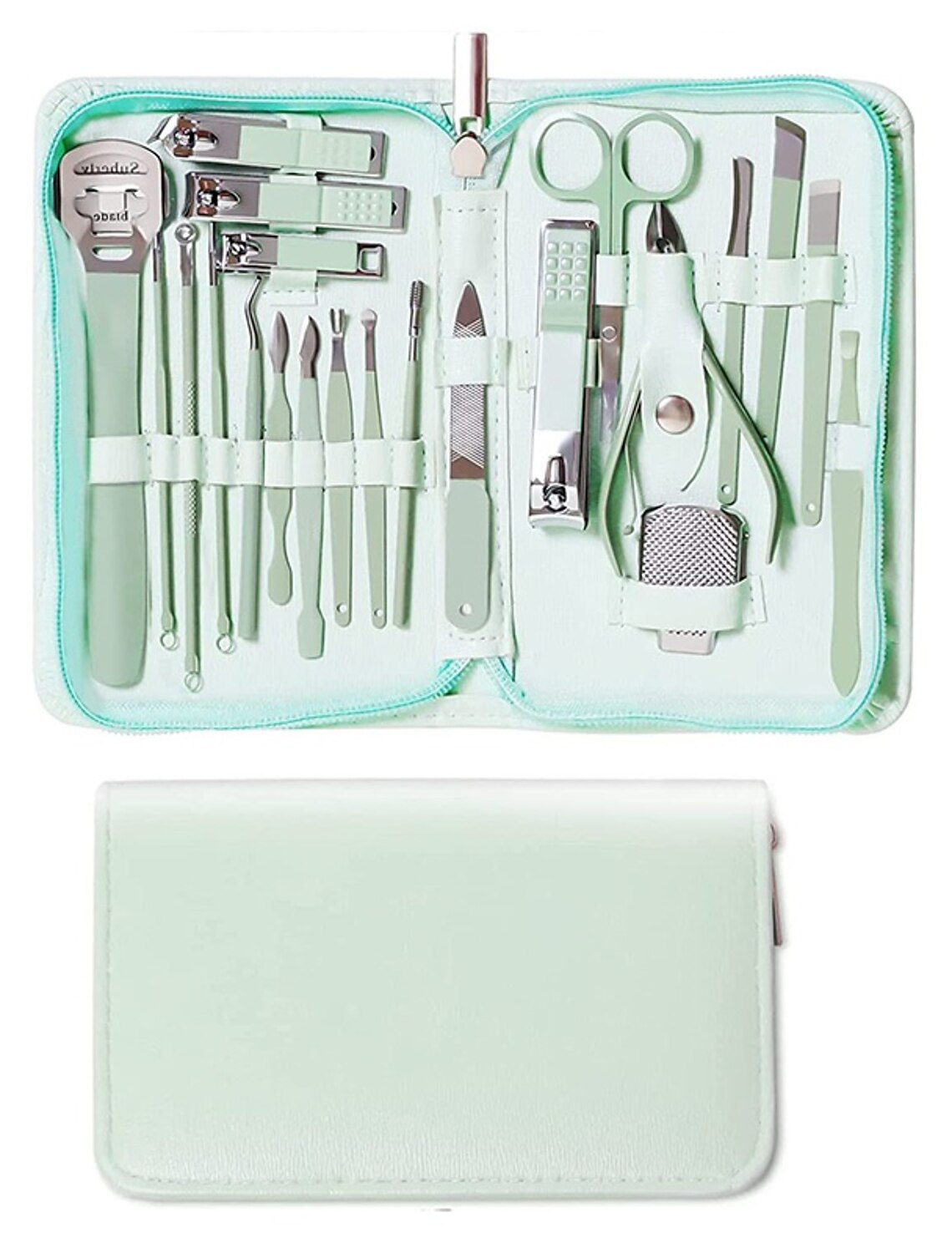 22-piece stainless steel manicure and pedicure set displayed in an open blue green leather travel case.