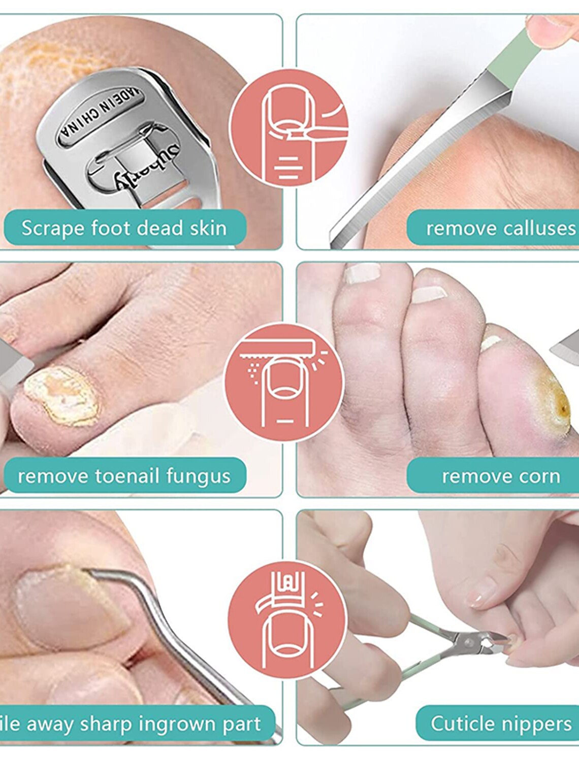 Detailed view of precision stainless steel tools, including files and pushers, from the nail care kit.