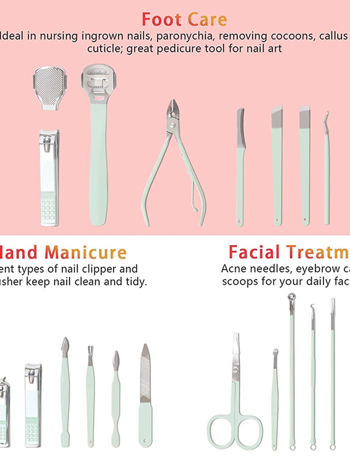 All 22 stainless steel manicure and pedicure tools neatly arranged outside their blue green travel case.