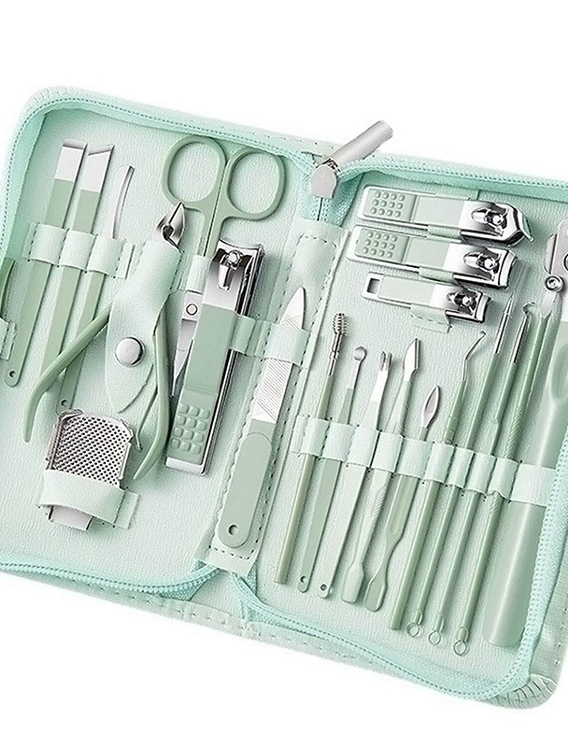 The luxurious blue green gift box containing the 22-piece professional manicure and pedicure set.