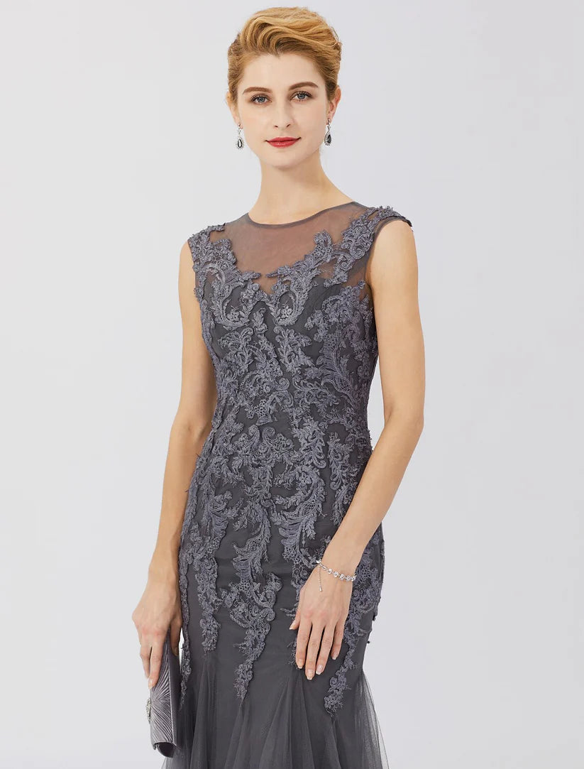 Mermaid / Trumpet Mother of the Bride Dress Classic & Timeless Elegant & Luxurious See Through Illusion Neck Floor Length Lace Tulle Sleeveless with Pleats Appliques