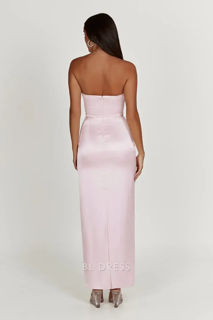 Sheath Strapless Satin Pink Long formal dresses Bridesmaid Dresses evening gown Prom Dress